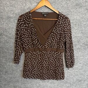 INC International Concepts Brown Polka Dot Wrap Top Size L Y2K Bow 3/4 Sleeve